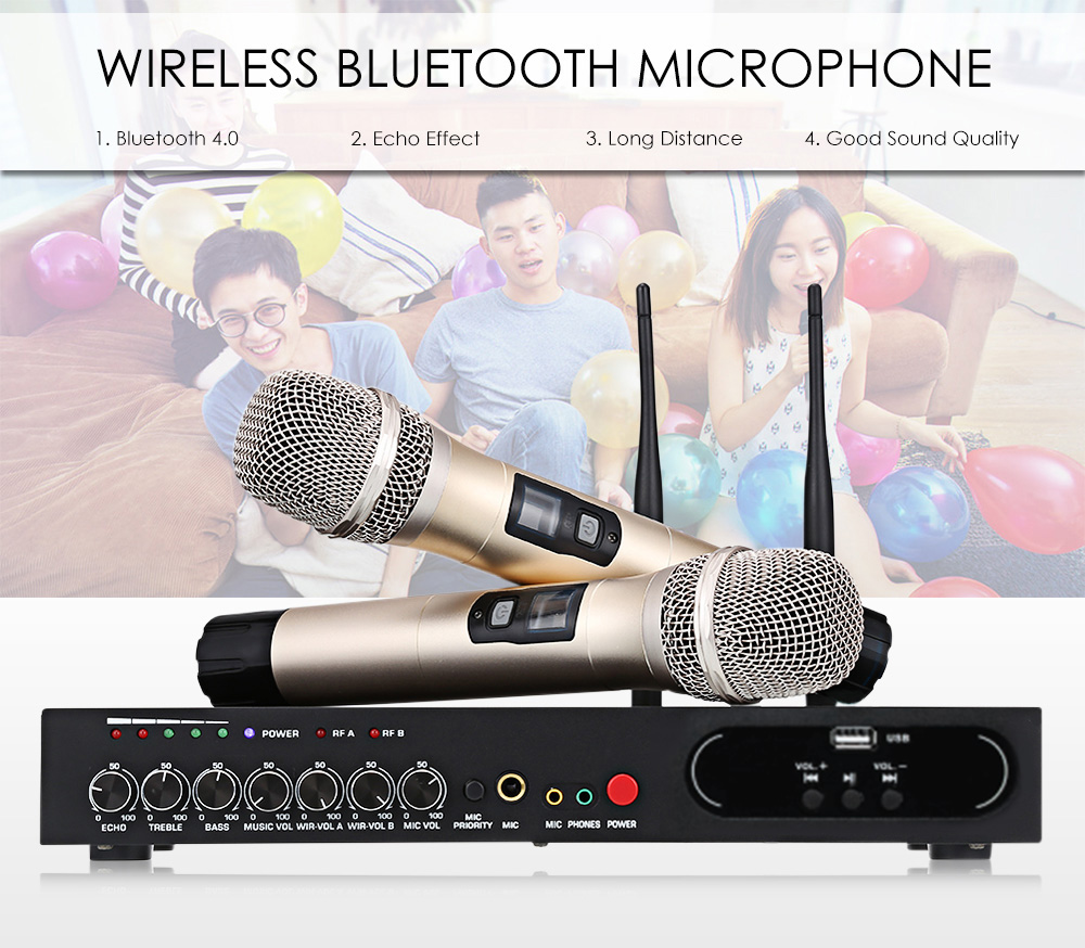 MU - 6S Wireless Handheld Microphone Dual Channel UHF System with Fixed Frequencies Bluetooth Dynamic Cartridge Echo Effect
