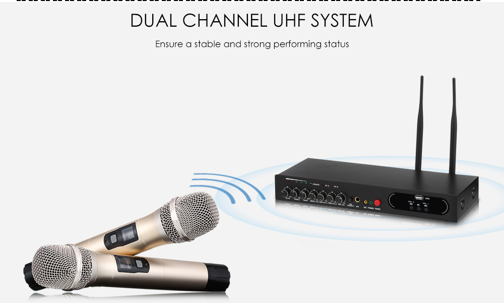 MU - 6S Wireless Handheld Microphone Dual Channel UHF System with Fixed Frequencies Bluetooth Dynamic Cartridge Echo Effect