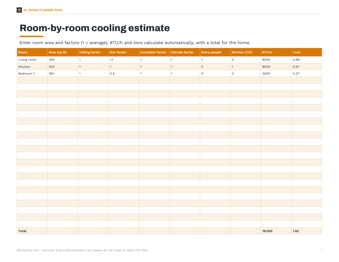 Preview of the first page of Load estimator (XLSX)